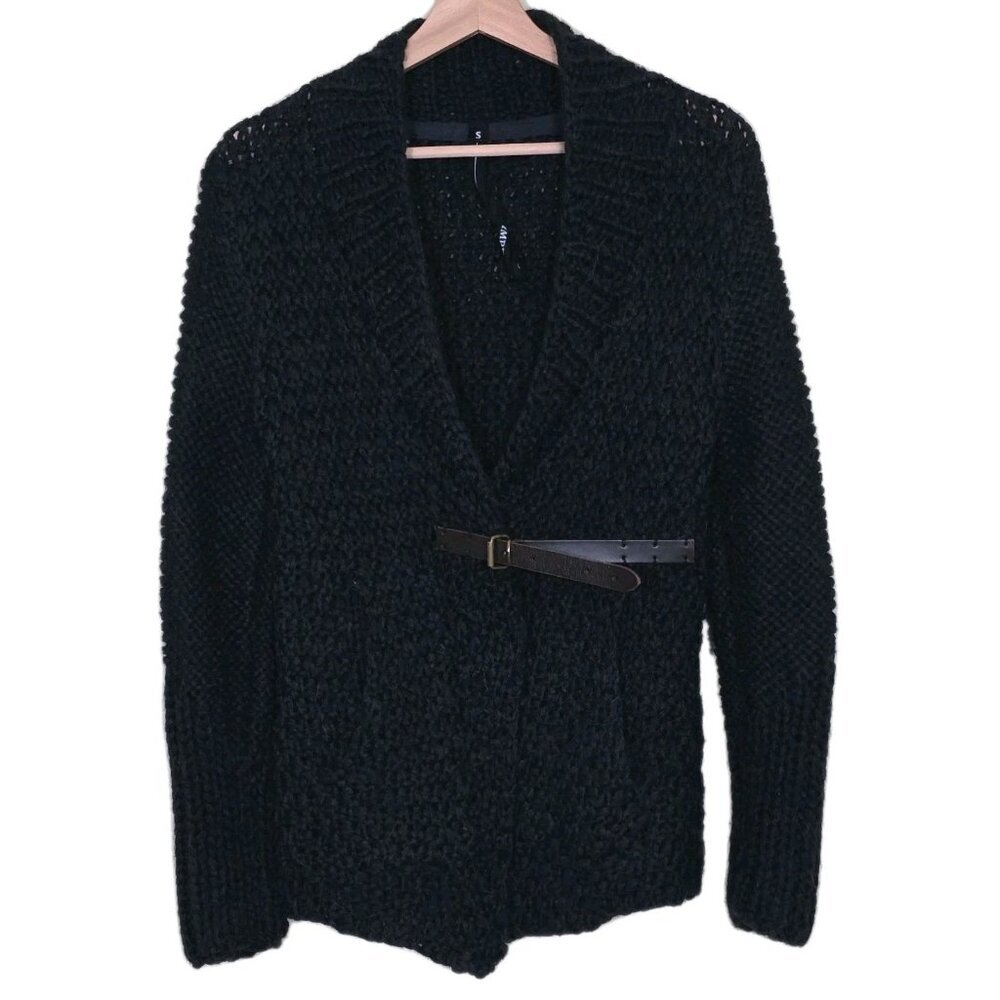 Improvd Cardigan Womens S Black LS Belt Alpaca Blend Chunky Knit Grunge Preppy